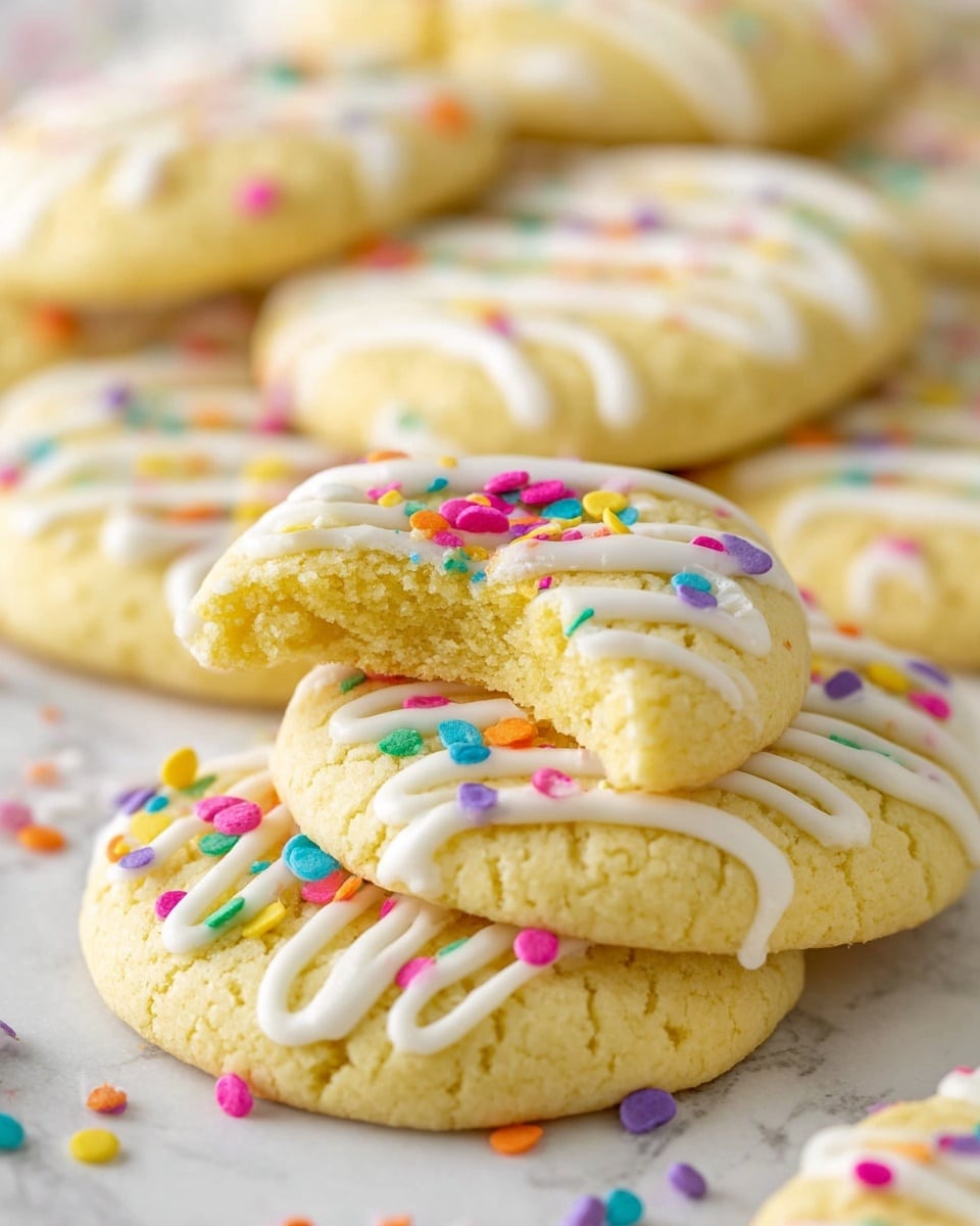 A pile of soft yellowish cookies with a smooth texture and slight crinkles sit on a white marbled surface; each cookie is decorated with thin white icing drizzled in stripes across the top, and small round colorful sprinkles in pink, green, yellow, orange, blue, purple, and white scattered over the icing and surface; one cookie is placed on top of another with a bite taken out, showing a soft, crumbly interior; more cookies are blurred in the background, giving a cozy, inviting feel. photo taken with an iphone --ar 4:5 --v 7