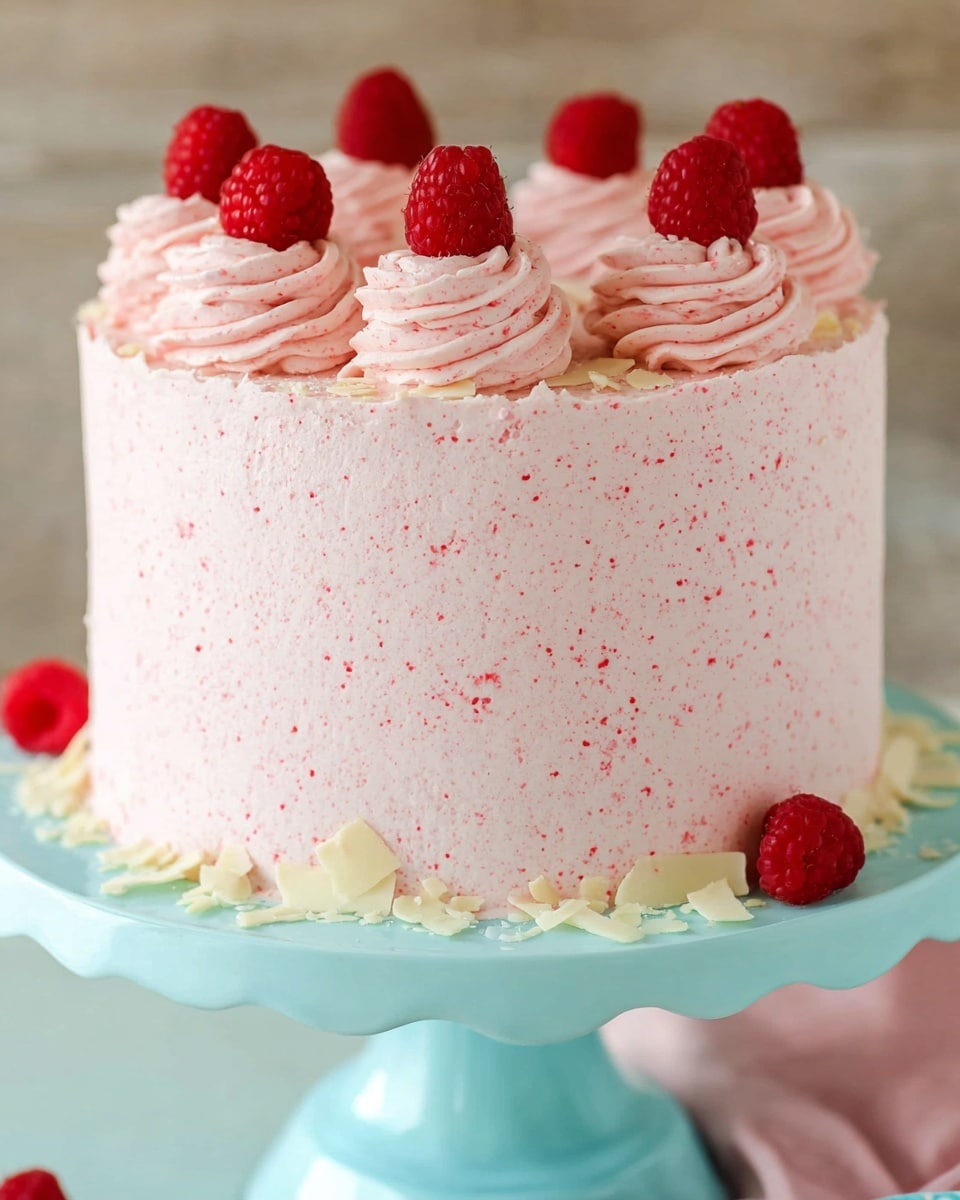 A tall round cake covered evenly with light pink frosting that has small red specks throughout, giving it a textured look. On top of the cake, there are six evenly spaced swirls of the same pink frosting, each topped with a single bright red raspberry. Around the base of the cake, there are small white chocolate shavings scattered. The cake is placed on a light blue cake stand with a scalloped edge, set against a soft, blurred background. photo taken with an iphone --ar 4:5 --v 7