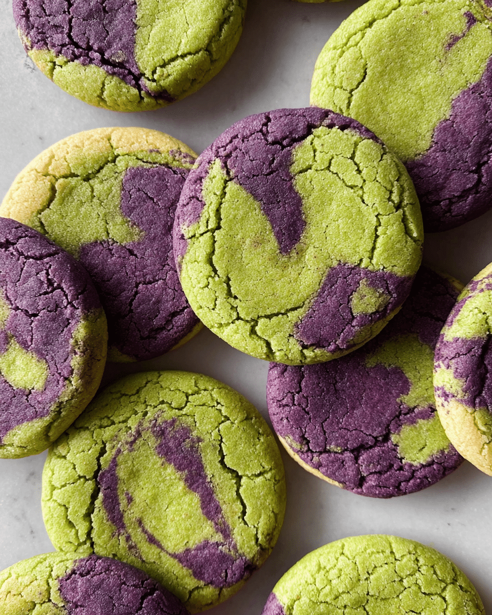 The image shows a close-up of several round cookies with a cracked texture, each cookie having two main colors swirled together: a bright green and a deep purple. The colors are mixed randomly on each cookie, creating unique patterns without a clear division, giving them a marbled look. The cookies are laid flat and overlapping slightly on a white marbled surface, adding a clean and soft background that contrasts with the vivid cookie colors. photo taken with an iphone --ar 4:5 --v 7