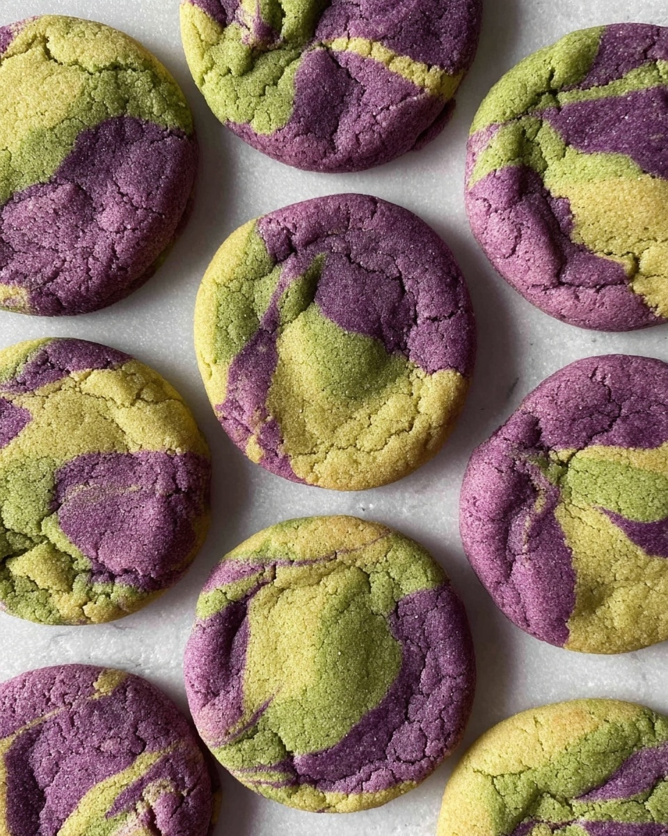 A group of round cookies with a marbled pattern of purple and green colors, each cookie showing a unique swirl where the two colors blend. The cookies have a cracked texture on the surface, making them look soft and chewy. They are laid out flat on a white marbled texture, filling the frame closely, showing the colorful contrast clearly. Photo taken with an iphone --ar 4:5 --v 7