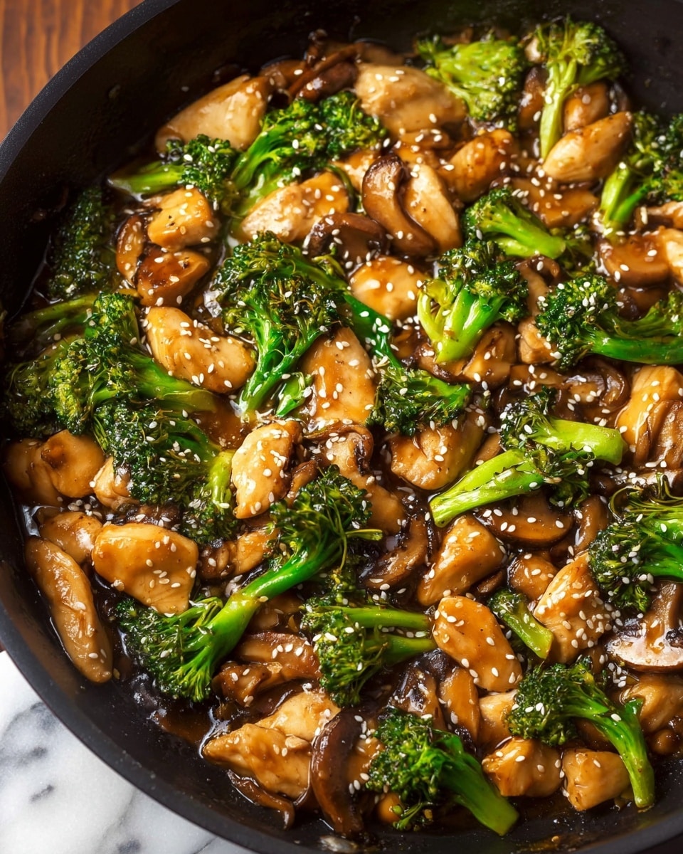 This image shows a close-up of a stir-fry dish cooked in a black pan. The dish has chunky pieces of light brown chicken, vibrant green broccoli florets, and sliced brown mushrooms all mixed together. The ingredients are covered in a shiny, rich brown sauce that looks thick and glossy. White sesame seeds are sprinkled evenly on top, adding small white dots across the dish. The pan sits on a white marbled surface, with a wooden background slightly visible in the far back. photo taken with an iphone --ar 4:5 --v 7