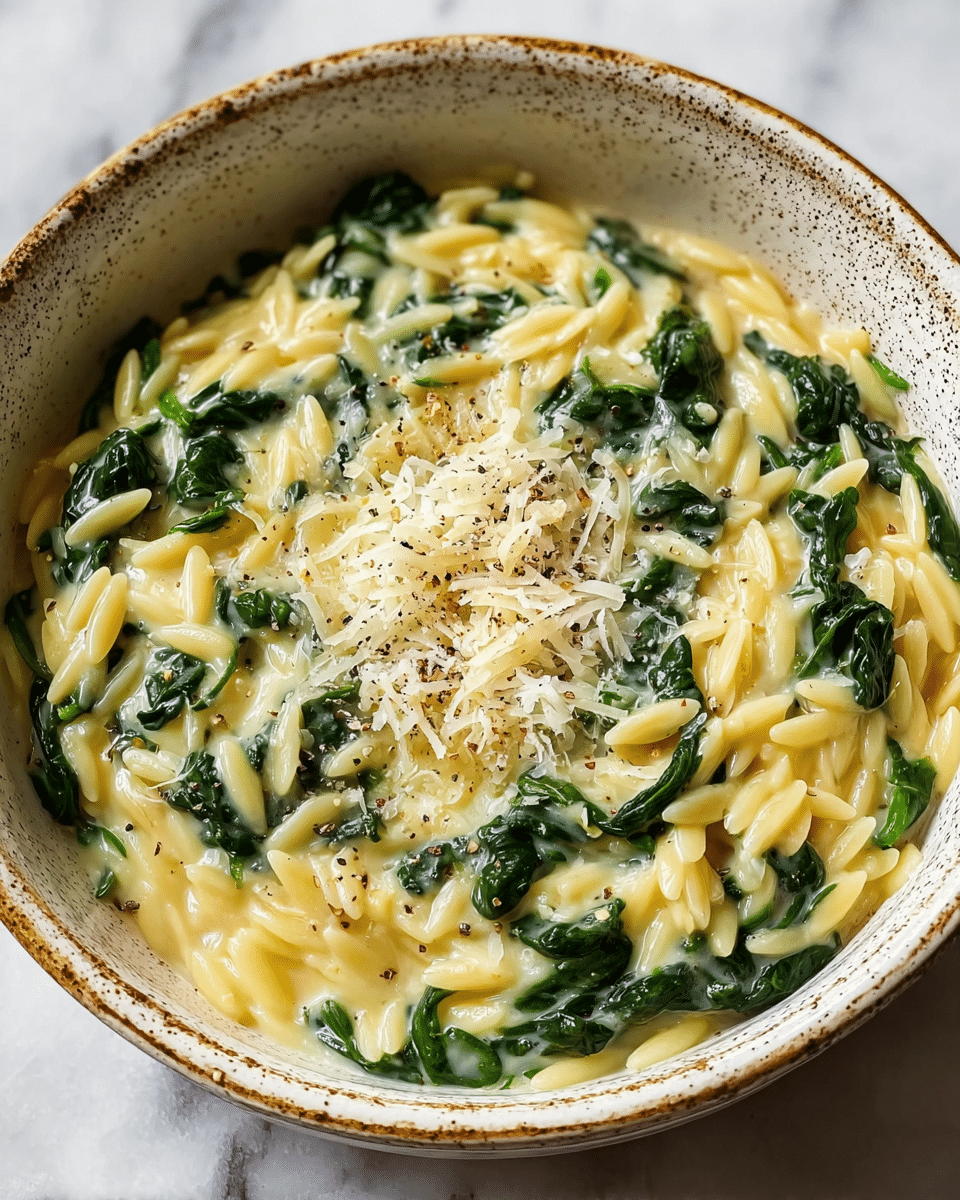 A white bowl filled with creamy orzo pasta mixed with dark green spinach leaves evenly spread throughout. The pasta is covered in a smooth light yellow sauce, with a small pile of grated pale yellow cheese sprinkled at the center, topped with coarse black pepper. The bowl has a speckled rim and sits on a white marbled surface. photo taken with an iphone --ar 4:5 --v 7
