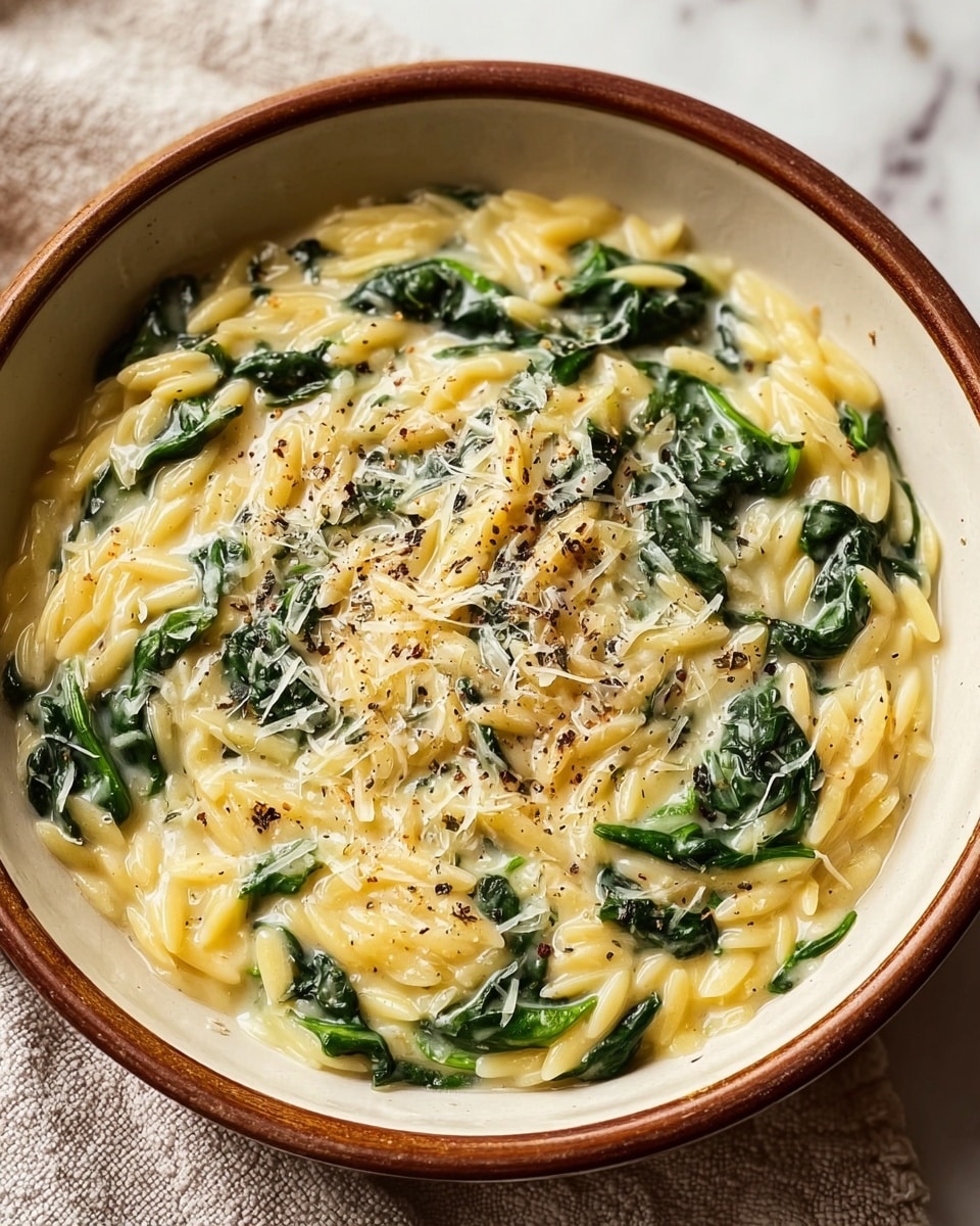 A white bowl with a brown rim holds a creamy orzo pasta dish with three clear layers: the bottom layer is soft orzo pasta in a pale yellow color, the middle layer includes dark green wilted spinach mixed evenly with the orzo, and the top layer is a creamy sauce lightly covering the dish with a sprinkle of grated cheese and coarse black pepper in the center, showing a slightly melted texture. The bowl is placed on a white marbled surface with a textured light cloth underneath. photo taken with an iphone --ar 4:5 --v 7