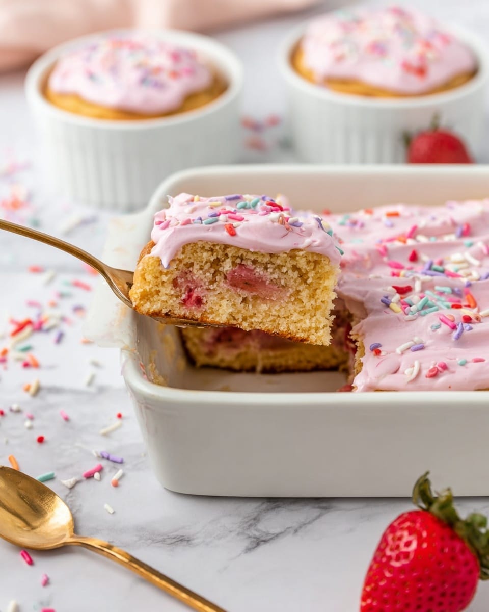 A rectangular white baking dish holds a dessert with two visible layers: the bottom layer is a light brown, soft cake with bits of red strawberry inside, and the top layer is a smooth pastel pink frosting covered with small colorful sprinkles in red, white, purple, and blue. A woman’s hand has taken a bite from the cake, showing the moist texture inside. Around the dish, colorful sprinkles are scattered on a white marbled surface, with a fresh red strawberry nearby. In the background, there are two white ramekins with the same dessert and pink frosting, and a golden spoon lies beside the main baking dish. Photo taken with an iphone --ar 4:5 --v 7