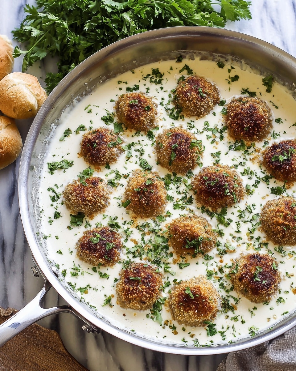 A stainless steel pan filled with creamy white sauce as the base layer, topped with a single layer of golden-brown crispy meatballs coated in breadcrumbs, each evenly spaced and slightly submerged in the sauce. The meatballs have a rough, crunchy texture with hints of browned edges. Scattered fresh green parsley leaves add color contrast, sprinkled on top of the sauce and meatballs. The pan rests on a white marbled surface, nearby a bunch of fresh parsley and some small round bread rolls. Photo taken with an iphone --ar 4:5 --v 7