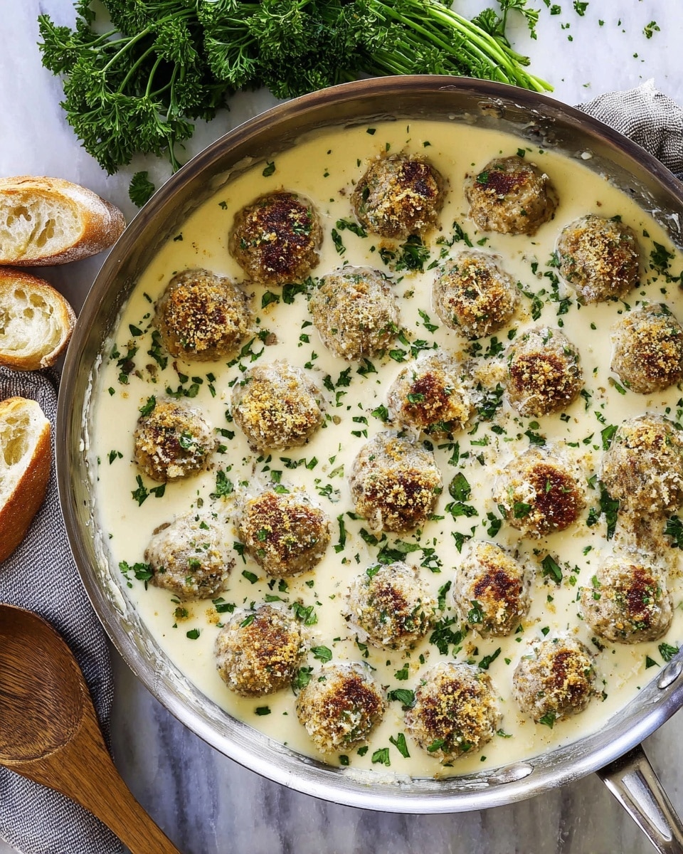 A silver pan filled with about twenty golden brown meatballs covered in a thick, creamy white sauce; the meatballs are sprinkled with light brown breadcrumbs and small bits of green herbs, scattered evenly over the top. The creamy sauce is smooth and pale yellow-white, filling the pan around the meatballs, which sit in neat rows. Finely chopped green parsley is sprinkled over the dish, adding a fresh touch of color. The pan rests on a white marbled surface with a wooden spoon beside it, and a bunch of fresh green parsley and light brown crusty bread are in the background. Photo taken with an iphone --ar 4:5 --v 7