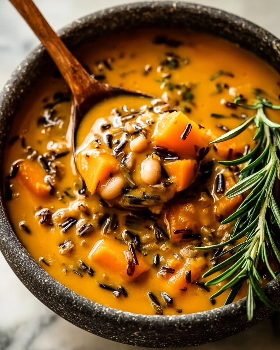 A close-up of a bowl filled with thick orange soup that has chunks of bright orange squash, dark wild rice grains, and white beans scattered throughout. A wooden spoon is scooping some soup, showing the rich creamy texture mixed with the rice and beans. Fresh green rosemary sprigs rest on the right side of the bowl, adding a touch of vibrant color and texture. The bowl has a rough dark grey outer surface and sits on a white marbled surface. photo taken with an iphone --ar 4:5 --v 7