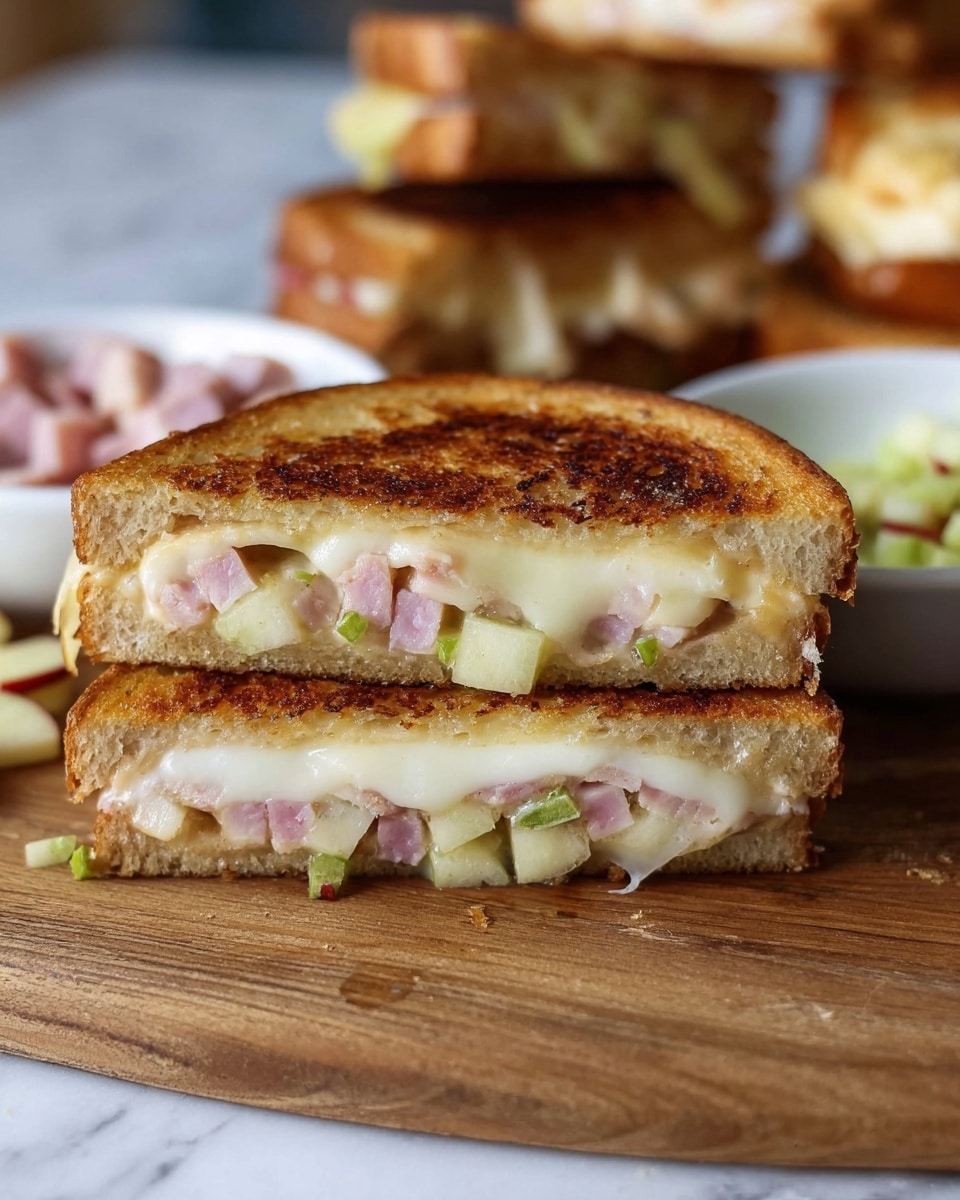 The image shows a close-up of a grilled sandwich cut in half diagonally, revealing three layers inside. The top and bottom layers are golden-brown toasted bread with a slightly crispy texture. The middle layers include melted white cheese spilling slightly out, small cubes of light pink ham, and tiny chunks of pale green apple. The sandwich halves rest on a wooden surface, with some other sandwich halves blurred in the background. Small white bowls with chopped ham and green apple pieces are also visible near the sandwich on the white marbled surface. photo taken with an iphone --ar 4:5 --v 7