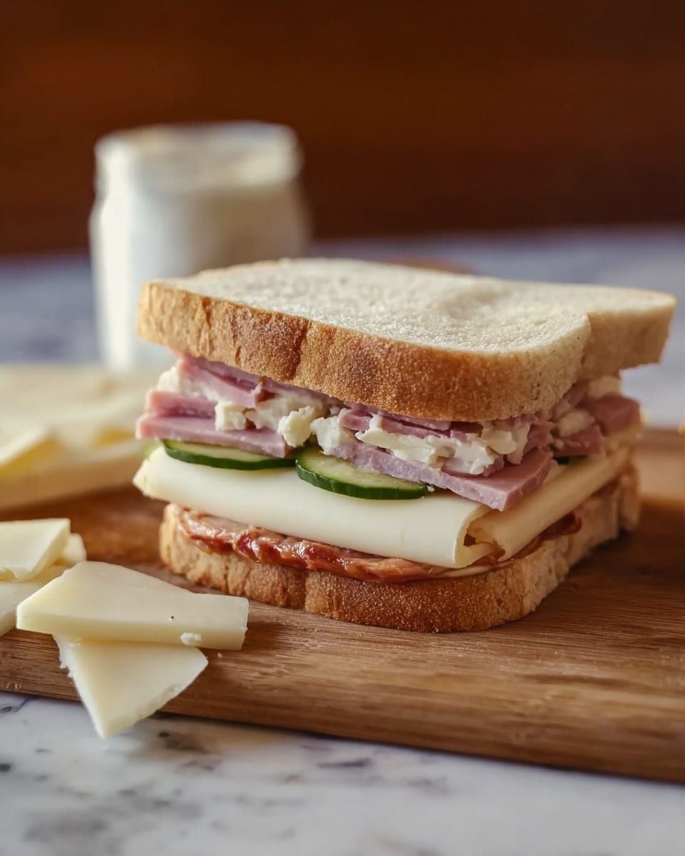 The image shows a sandwich with three visible layers between two thick slices of white bread. The bottom layer has a smooth, reddish paste spread evenly. Above that are slices of creamy white cheese with a light brown rind, arranged side by side. On top of the cheese is a layer of finely diced pink ham mixed with thin strips of green cucumber. The sandwich sits on a wooden board with extra pieces of the same cheese and a white jar blurred in the background, all on a white marbled surface. Photo taken with an iphone --ar 4:5 --v 7