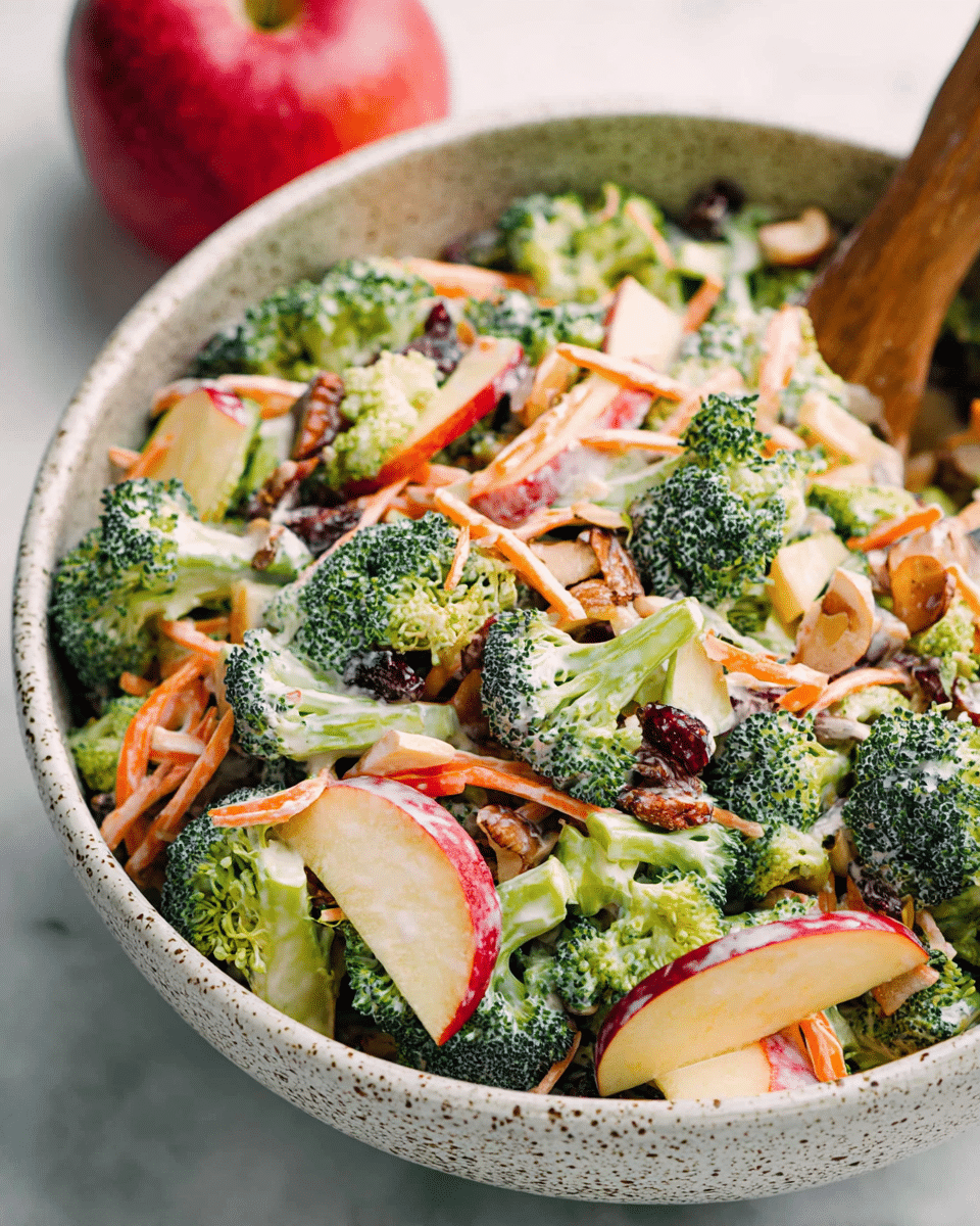 A close-up view of a speckled white bowl filled with a colorful broccoli salad, layered with bright green broccoli florets, thin orange carrot strips, red apple slices with skin, and chunks of light brown nuts mixed together with creamy white dressing, all sitting on a white marbled texture. A wooden spoon is partially visible on the right side of the bowl, gently blending the salad. At the top left corner, there is a blurred red apple in the background. photo taken with an iphone --ar 4:5 --v 7