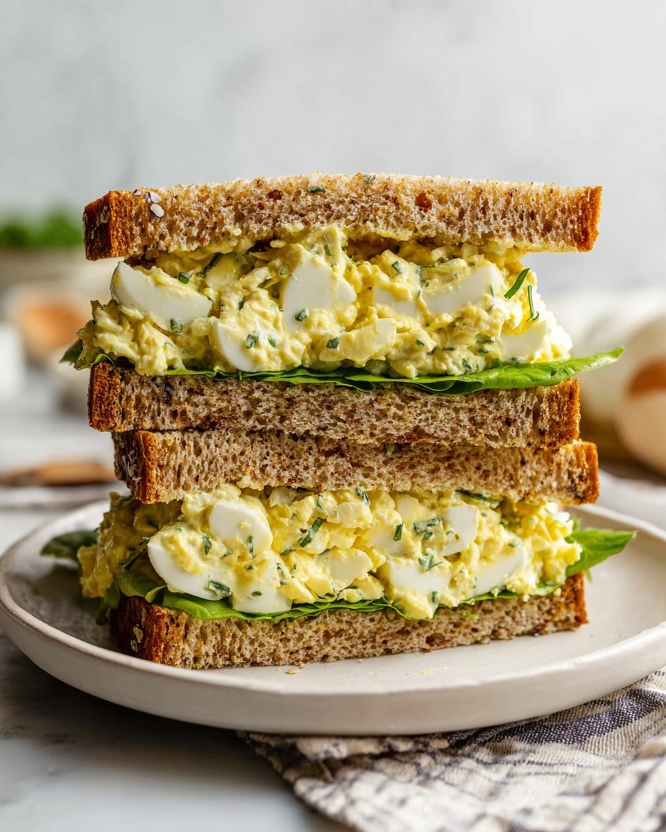 A close-up of a thick egg salad sandwich cut in half and stacked, showing three layers of soft whole grain bread with visible seeds. Between the bread layers, there are thick, chunky pieces of egg mixed with creamy yellow mayonnaise and flecks of green herbs. A single leaf of green lettuce peeks out from the bottom layer. The sandwich sits on a round white plate, placed on a white marbled surface with a striped cloth nearby. The photo taken with an iphone --ar 4:5 --v 7