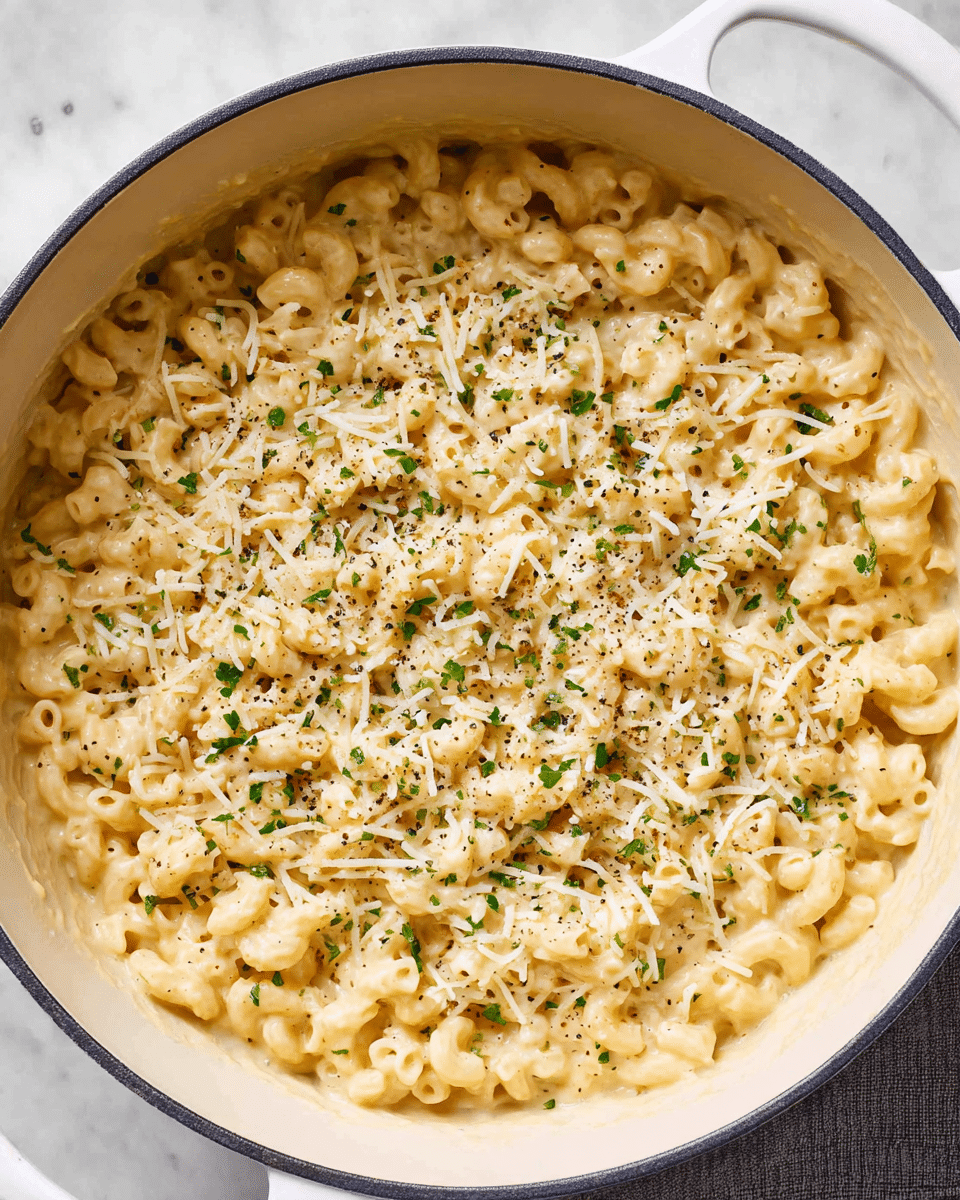 A large white pot filled with creamy macaroni pasta coated in a light yellow cheese sauce. The top layer is sprinkled with shredded white cheese and small bits of chopped green herbs, with a light sprinkle of ground black pepper for texture. The creamy pasta has a soft, smooth texture and is evenly spread inside the pot, which is sitting on a white marbled surface. Photo taken with an iphone --ar 4:5 --v 7