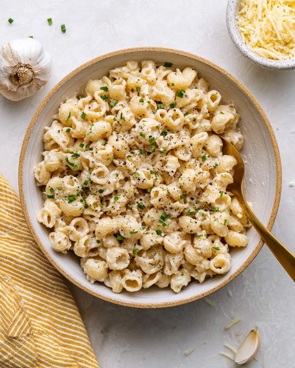 A large white bowl filled with small, tube-shaped pasta coated in a creamy white sauce. The pasta is sprinkled with finely chopped green herbs and black pepper, giving small pops of color over the pale dish. A gold spoon rests inside the bowl, partially covered in the sauce and pasta. Around the bowl, there is a peeled garlic clove on the white marbled surface and a white bowl with shredded cheese in the top right corner. A yellow and white striped cloth napkin is placed to the left side of the bowl. photo taken with an iphone --ar 4:5 --v 7