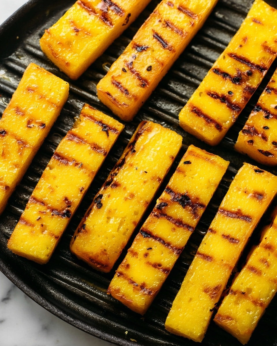 The image shows nine rectangular yellow grilled polenta pieces arranged close together on a black grill pan, with visible grill lines. Each piece has a shiny, slightly oily surface with some light brown char marks and small black specks, indicating they were cooked on a grill. The pieces are all similar in size and thickness, and the texture looks soft with some crisp edges. The background is a white marbled texture. photo taken with an iphone --ar 4:5 --v 7