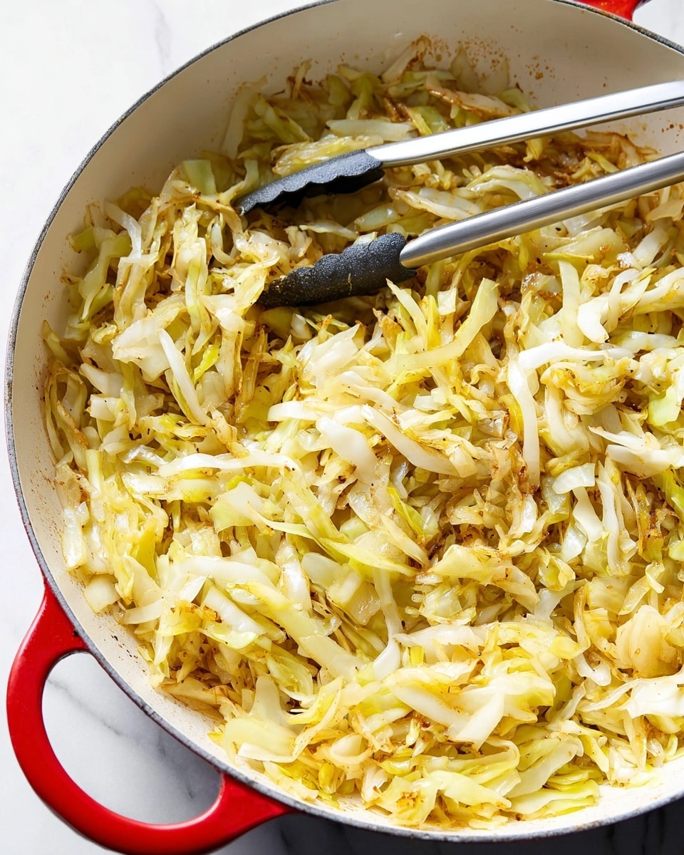 A close-up view of a white enamel pan with red handles filled with cooked shredded cabbage that is lightly browned and seasoned, showing different shades of yellow and light brown with a soft, slightly oily texture. The cabbage pieces are thinly sliced and mixed evenly throughout the pan, with a pair of silver tongs with black silicone tips resting on top, partially submerged in the cabbage. The background is a white marbled texture. photo taken with an iphone --ar 4:5 --v 7