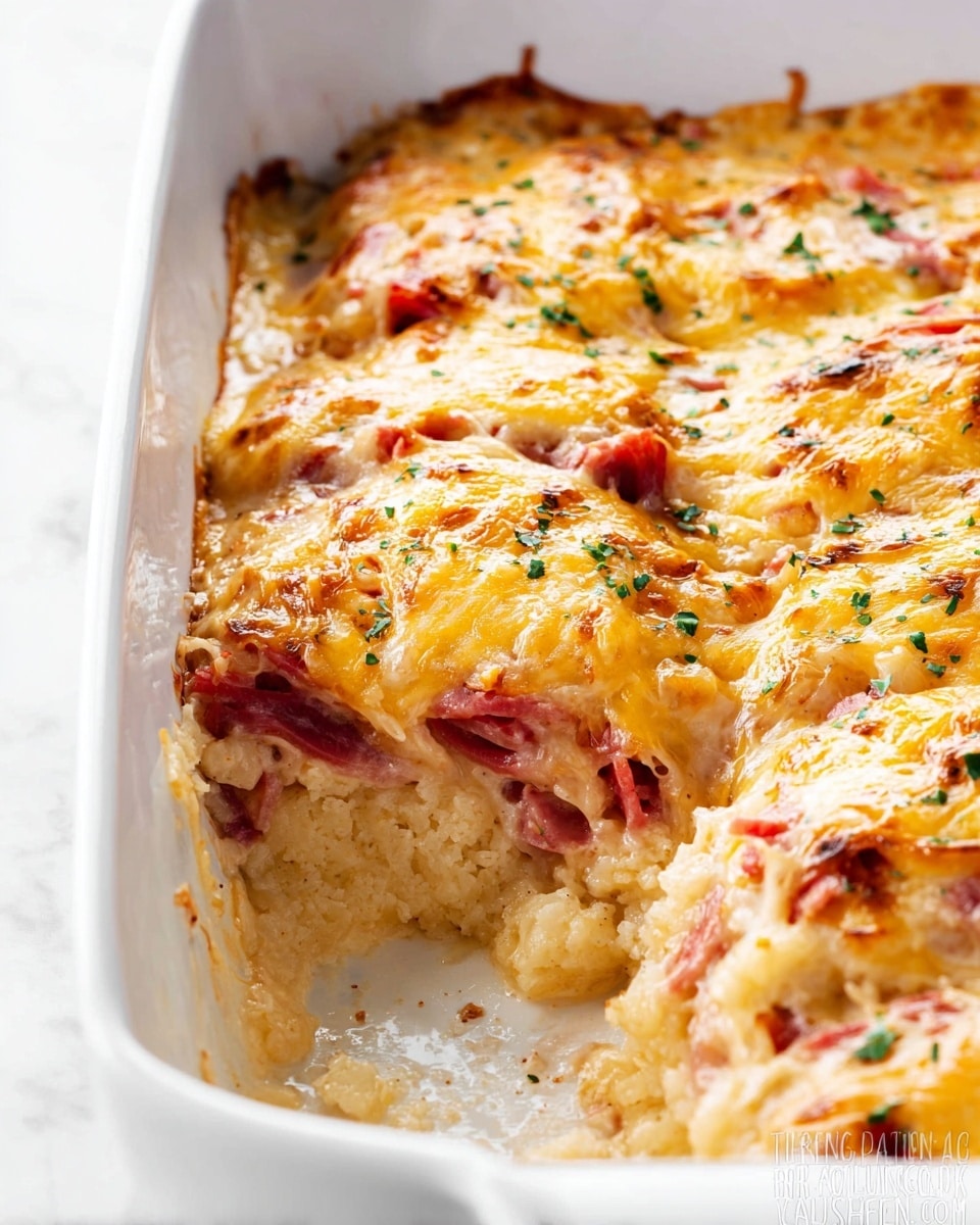 A white baking dish filled with a layered casserole that has three visible layers. The bottom layer is light golden cauliflower with a soft and slightly crumbly texture. The middle layer consists of thin cut, reddish-pink slices of meat mixed with light beige cooked onions. The top layer is covered with a thick, melted creamy yellow cheese with some golden brown spots and sprinkled with small green herbs. A section of the casserole is scooped out, showing the layers clearly. The dish sits on a white marbled surface. Photo taken with an iphone --ar 4:5 --v 7