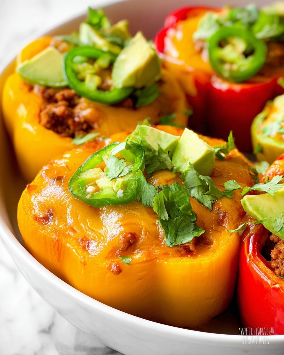 The image shows a close-up of four stuffed bell peppers in a white bowl, each pepper cut open at the top to reveal three main layers: a base of cooked ground meat, a thick layer of melted orange cheese covering the meat, and fresh green toppings of sliced avocado cubes and jalapeño rings, all garnished with bright green cilantro leaves. Two peppers are yellow, one is red, and the other is partially visible but also yellow, with glossy, slightly wrinkled skin from cooking. The white bowl contrasts with the vibrant colors of the peppers and their toppings, all resting against a white marbled surface. Photo taken with an iphone --ar 4:5 --v 7