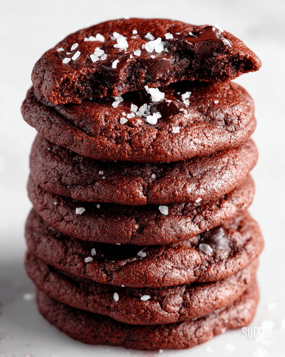A stack of six rich, dark brown chocolate cookies with a soft, slightly glossy texture is shown on a white marbled surface. Each cookie is thick and dense with visible dark chocolate chips embedded throughout. The top cookie is broken in half, revealing a moist, fudgy inside with melted chips. Scattered on the cookies are irregular flakes of bright white sea salt adding contrast to the deep chocolate color. The cookies are closely stacked, showcasing their uniform size and thickness. photo taken with an iphone --ar 4:5 --v 7