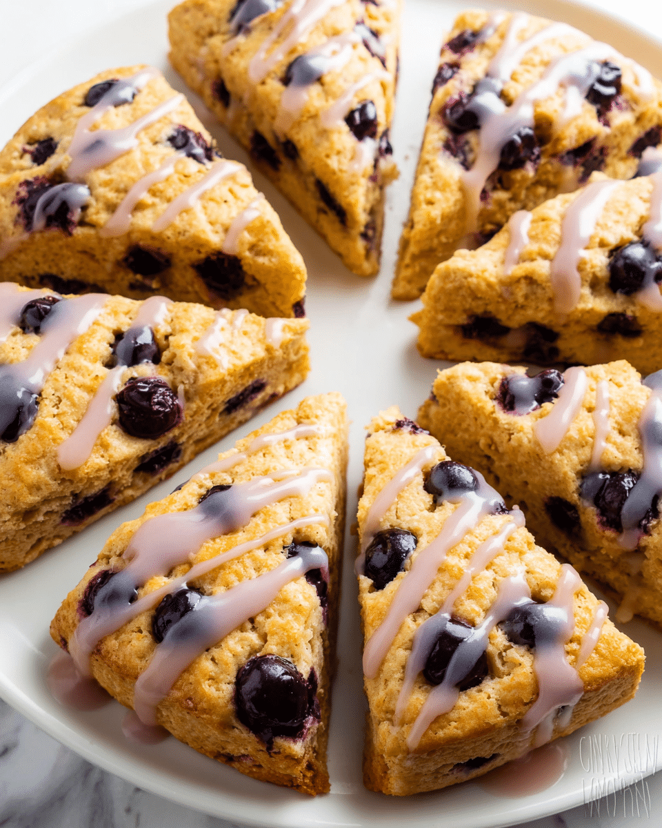The image shows a circle of golden brown scones arranged on a white plate, each cut into triangular pieces with a crumbly texture. The scones are dotted with whole, dark purple blueberries that peek through the top, adding a juicy contrast. A light purple drizzle of icing runs diagonally across the top of each scone, giving a shiny, slightly wet look. The plate is placed on a white marbled surface, and the focus is close-up, highlighting the soft inside and crisp edges of the scones. photo taken with an iphone --ar 4:5 --v 7