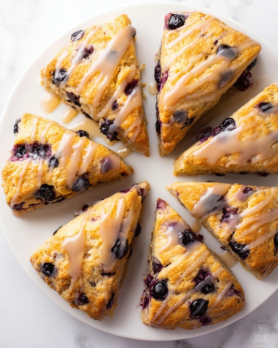 The image shows six triangular blueberry scones arranged on a white plate on a white marbled surface. Each scone is golden brown with a crumbly texture and has dark purple blueberries embedded throughout. The scones are drizzled with a light brown icing that glistens slightly, covering parts of the scone tops in uneven stripes. The scones look soft inside with a slightly crisp outer edge, and the blueberries appear juicy and fresh. Photo taken with an iphone --ar 4:5 --v 7