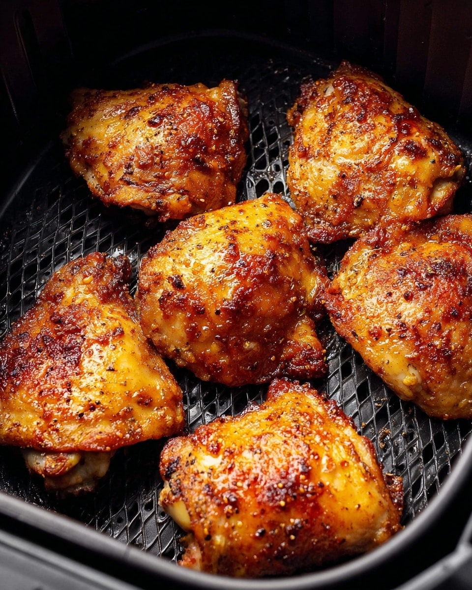 Five pieces of golden brown air-fried chicken thighs are arranged inside a black air fryer basket. Each piece has a crispy, slightly oily skin with visible seasoning specks, showing a mix of glistening orange and dark brown color from the cooked edges. The texture looks crunchy with some smooth areas where the skin is shiny from the cooking oil. The basket has a grated bottom that allows air flow, and there is a close-up view focusing on the rich, appetizing color of the chicken. Photo taken with an iphone --ar 4:5 --v 7