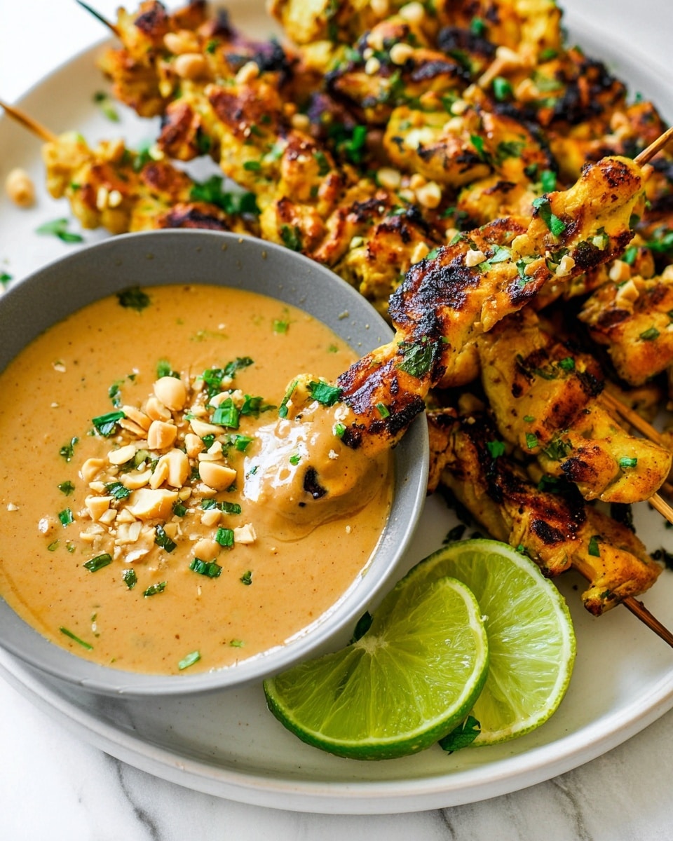 A white plate with a grey bowl placed on it holds a light brown creamy peanut sauce garnished with small chopped green herbs and crushed peanuts. Several grilled chicken skewers with golden brown char marks and small green herb pieces are arranged beside and behind the bowl. One skewer is partially dipped into the sauce, covered in the creamy peanut layer. Bright green lime wedges are placed on the plate near the skewers, all resting on a white marbled surface. Photo taken with an iphone --ar 4:5 --v 7