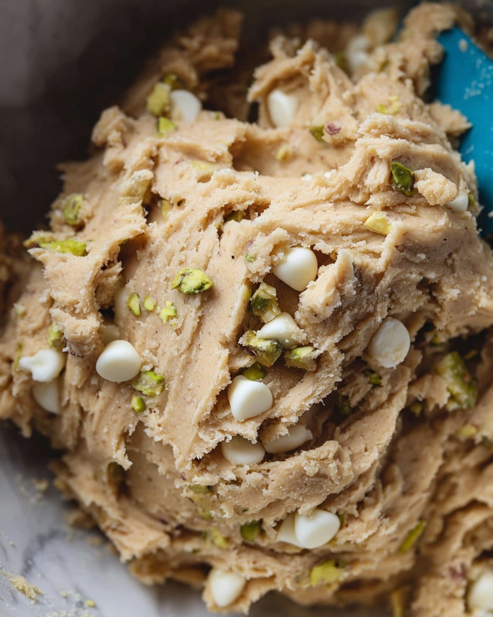 A close-up image of light brown cookie dough mixed with white chocolate chips and small green pistachio pieces scattered throughout. The dough has a soft, slightly crumbly texture with visible ridges and folds, showing a thick consistency. In the background, there is a blue spatula partially covered by the dough, set inside a bowl. The whole scene is placed on a white marbled texture. photo taken with an iphone --ar 4:5 --v 7