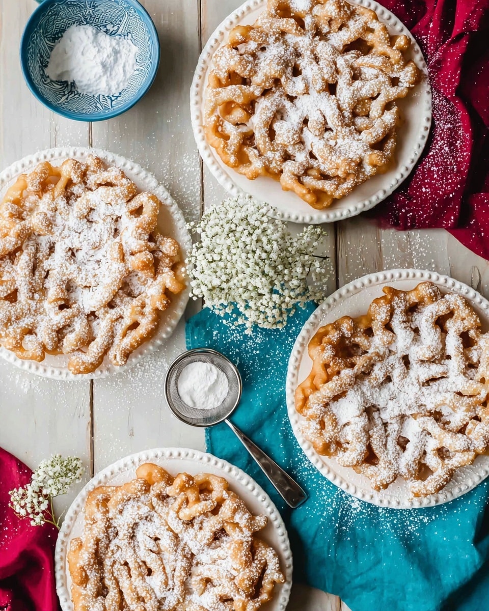 The image shows four round funnel cakes with golden brown crispy texture, each placed on white plates with decorative edges. The funnel cakes have an uneven lattice pattern with bubbles and folds, generously dusted with white powdered sugar on top. The plates are arranged over a white marbled texture with a teal cloth and a dark red cloth partially underneath two plates. There is a small cluster of tiny white flowers near the center along with a blue bowl holding more powdered sugar and a metal sifter resting inside. The overall scene is bright and inviting, emphasizing the light texture and color contrast of the funnel cakes with their powdered coating. photo taken with an iphone --ar 4:5 --v 7