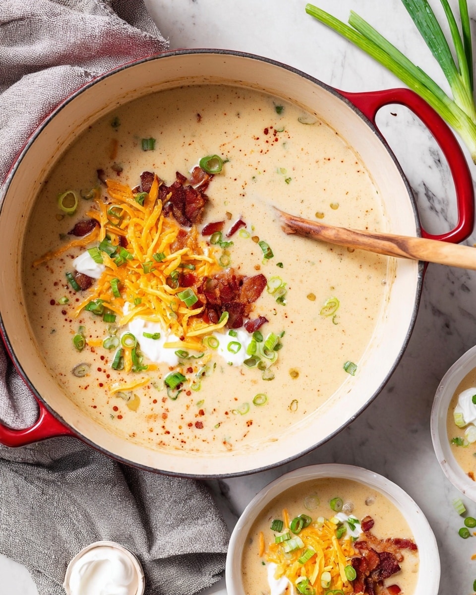 A white bowl filled with creamy soup that has a pale yellow color and smooth texture. On top, there are four visible layers of toppings: orange shredded cheddar cheese spread on the right side, small crispy red-brown bacon pieces mostly in the center, finely chopped green onions scattered over the soup, and a dollop of white sour cream on the left side. The bowl is placed on a gray cloth with a few green onions and bacon pieces scattered nearby on a white marbled surface, with a silver spoon to the right. A part of a red pot with the same soup topped similarly is seen at the bottom. Photo taken with an iphone --ar 4:5 --v 7