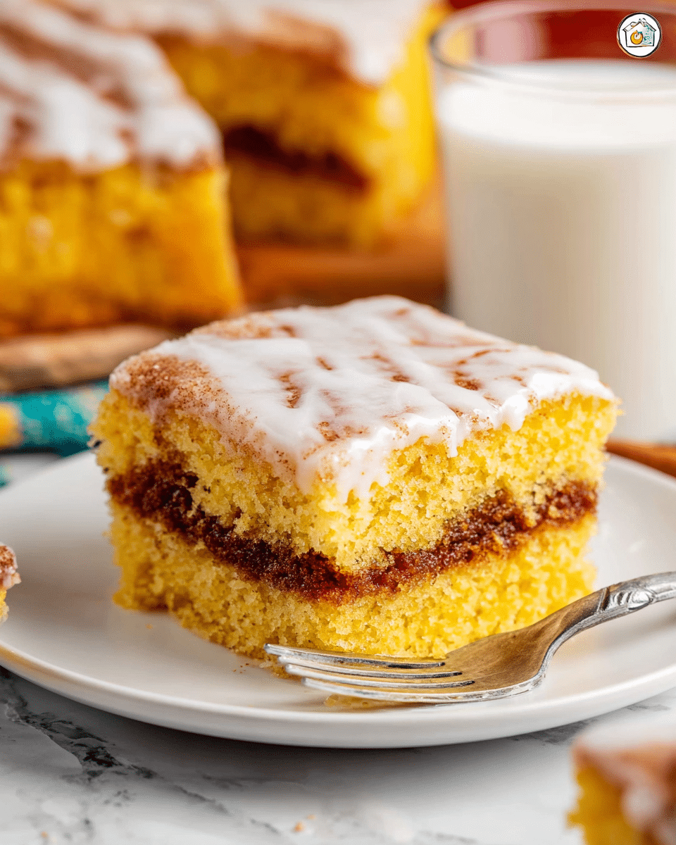 A close-up view of a thick square piece of orange-yellow cake with two spongy layers separated by a thin dark brown filling, topped with a shiny, glossy white icing layer. The cake is being lifted by a woman’s hand holding a utensil with a light blue handle, revealing a neatly cut square inside a white baking tray with a red rim, placed on a white marbled surface. Blurred orange fruits sit in the soft-focus background. Photo taken with an iphone --ar 4:5 --v 7