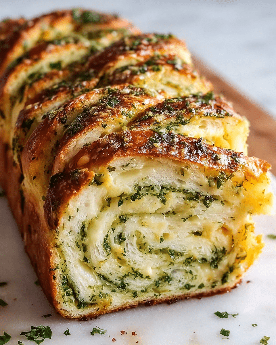 A close-up of a sliced garlic cheese bread loaf on a white marbled surface, showing multiple layers including a golden-brown crust with green herb sprinkles on top, a fluffy light yellow dough inside, and swirls of green herbs mixed with melted cheese throughout the spiral layers; the bread looks soft and fresh inside with a slightly crispy outside. Photo taken with an iphone --ar 4:5 --v 7