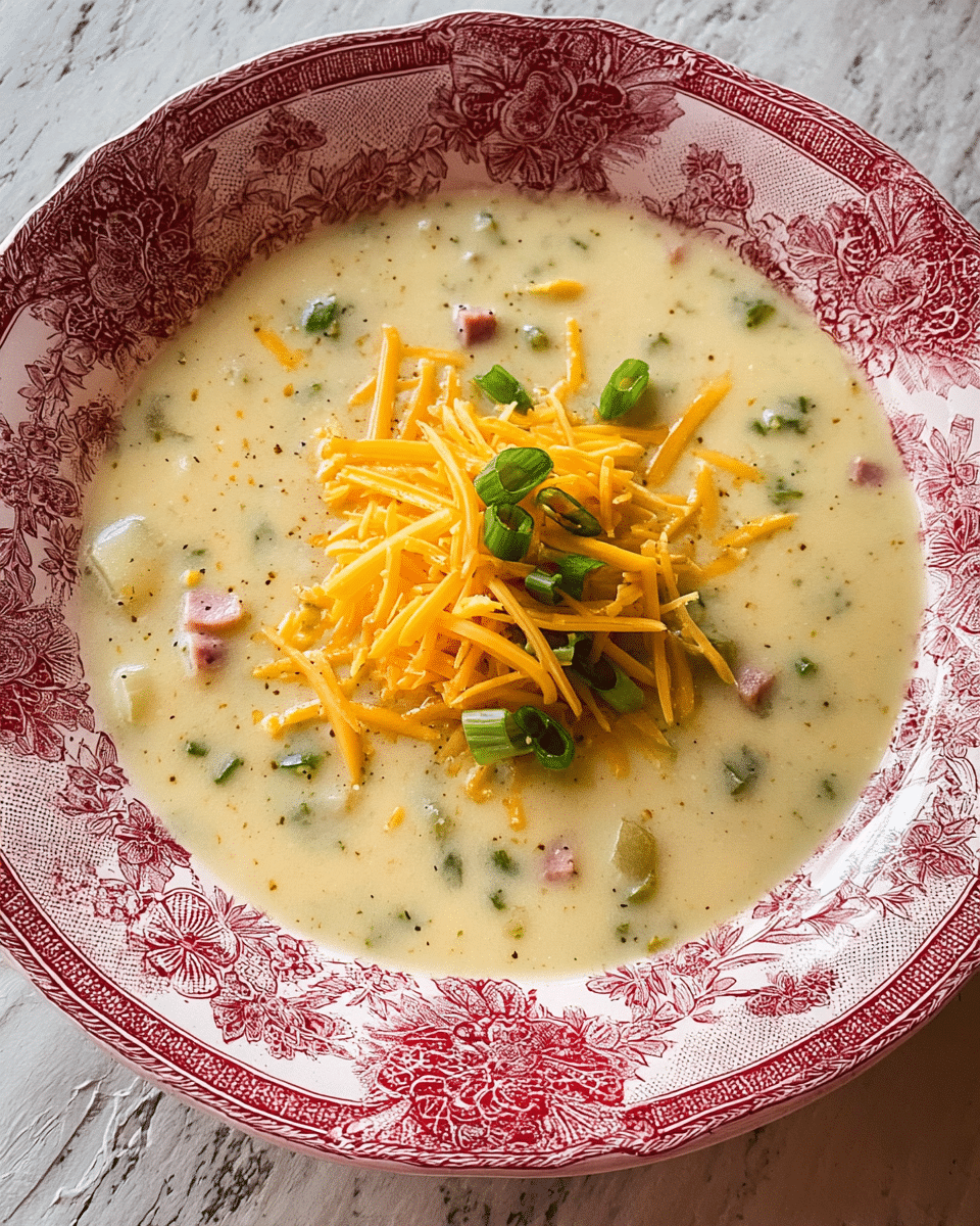 A creamy soup in a white bowl with a red floral pattern around the rim. The soup has a light beige color with chunks of pink ham and green vegetables visible throughout. On top, there is a generous layer of shredded orange cheddar cheese and scattered pieces of sliced green onions, adding bright orange and green colors that contrast with the soup's creamy base. The bowl sits on a white marbled surface. photo taken with an iphone --ar 4:5 --v 7