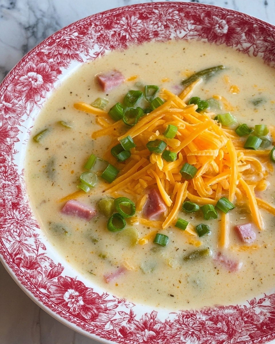 A large, deep white bowl with a red floral border holds a creamy, thick soup with visible chunks of ham, potatoes, and green vegetables mixed throughout the pale yellow base. In the center, there is a generous pile of bright orange shredded cheddar cheese, topped with small slices of fresh green scallions. The bowl sits on a white marbled textured surface. Photo taken with an iphone --ar 4:5 --v 7