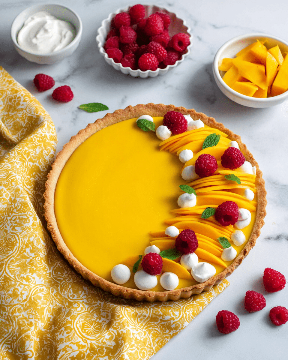 A round tart with a light brown crust holding a smooth, bright yellow mango filling visible in one big layer. On the right side, thin slices of yellow mango are arranged in two curved layers, topped with small white whipped cream dollops and red raspberries placed in a circular pattern along the top right edge. Small green mint leaves add fresh color scattered among the raspberries and whipped cream. The tart rests on a yellow patterned cloth on a white marbled surface. Around it, there are a white scalloped bowl with red raspberries on the top left, a small white bowl with white cream above the tart, and a small white bowl with sliced mango on the bottom right. A few raspberries are scattered on the surface. photo taken with an iphone --ar 4:5 --v 7