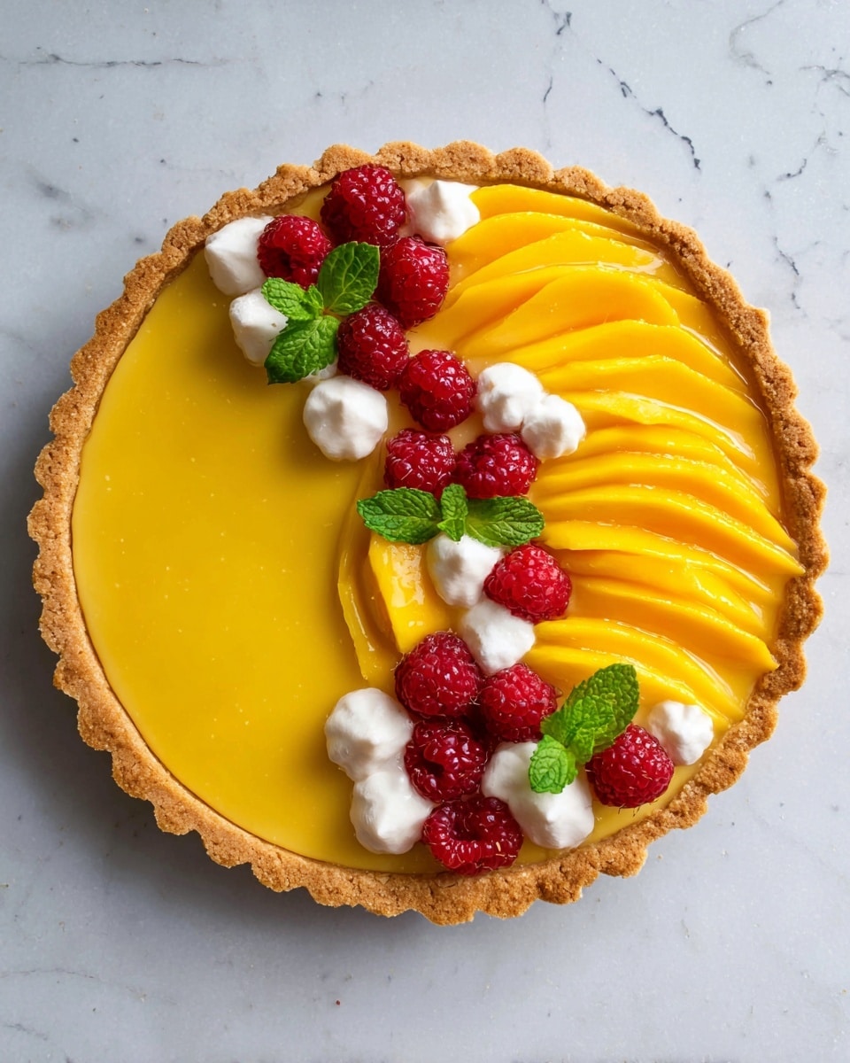 A round tart with a light brown crust forms the base, filled with a smooth, shiny yellow custard that covers half the surface. On the other half, thin yellow slices of mango are layered in overlapping arcs. Small white whipped cream dollops are scattered on top, along with bright red raspberries evenly placed across the mango slices. Fresh green mint leaves add a pop of color, sitting near the raspberries and whipped cream. The tart rests on a white marbled surface. photo taken with an iphone --ar 4:5 --v 7