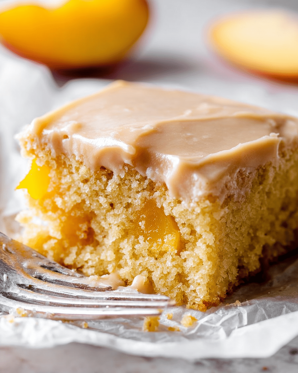 A close-up of a single square piece of yellow peach cake with light brown frosting on top, showing a moist, soft texture with visible peach chunks inside the cake layer; the frosting is smooth but cracked on the surface. The cake sits on crumpled white parchment paper that rests on a white marbled surface. Near the cake is a silver fork with crumbs on its tips, and in the background, a blurred slice of peach is visible. photo taken with an iphone --ar 4:5 --v 7