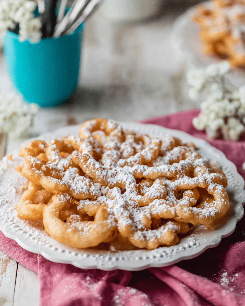 A single golden-brown funnel cake with a light and crispy texture sits centered on a white plate with a detailed, scalloped edge. The funnel cake is intricately laced with many loops and holes, dusted generously with white powdered sugar that adds contrast and highlights its delicate shape. The plate rests on a soft, deep pink cloth against a softly blurred background that includes white flowers and a blue cup with kitchen utensils, all set on a white marbled surface. Photo taken with an iphone --ar 4:5 --v 7