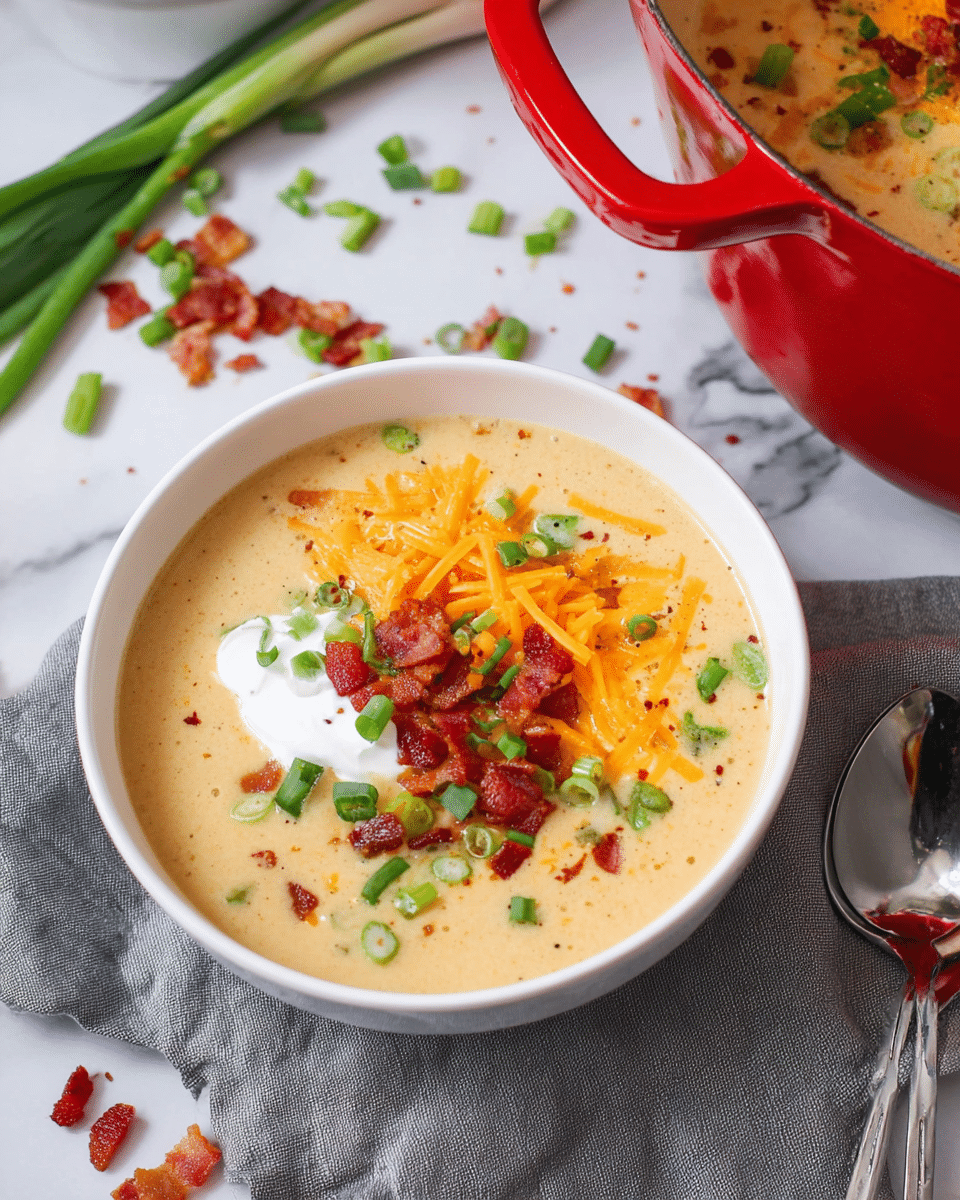 A creamy beige soup fills a large white pot with a red handle, topped with small, crispy dark brown bacon pieces on one side, shredded bright orange cheddar cheese, dollops of white sour cream, and chopped fresh green onions scattered over the surface. A wooden spoon rests inside the pot, partially submerged in the soup. Next to the pot, a white bowl contains the same soup with similar toppings. A few green onion stalks and a gray cloth napkin are placed nearby on a white marbled surface. A small bowl of white sour cream sits close to the pot, completing the cozy setting. photo taken with an iphone --ar 4:5 --v 7