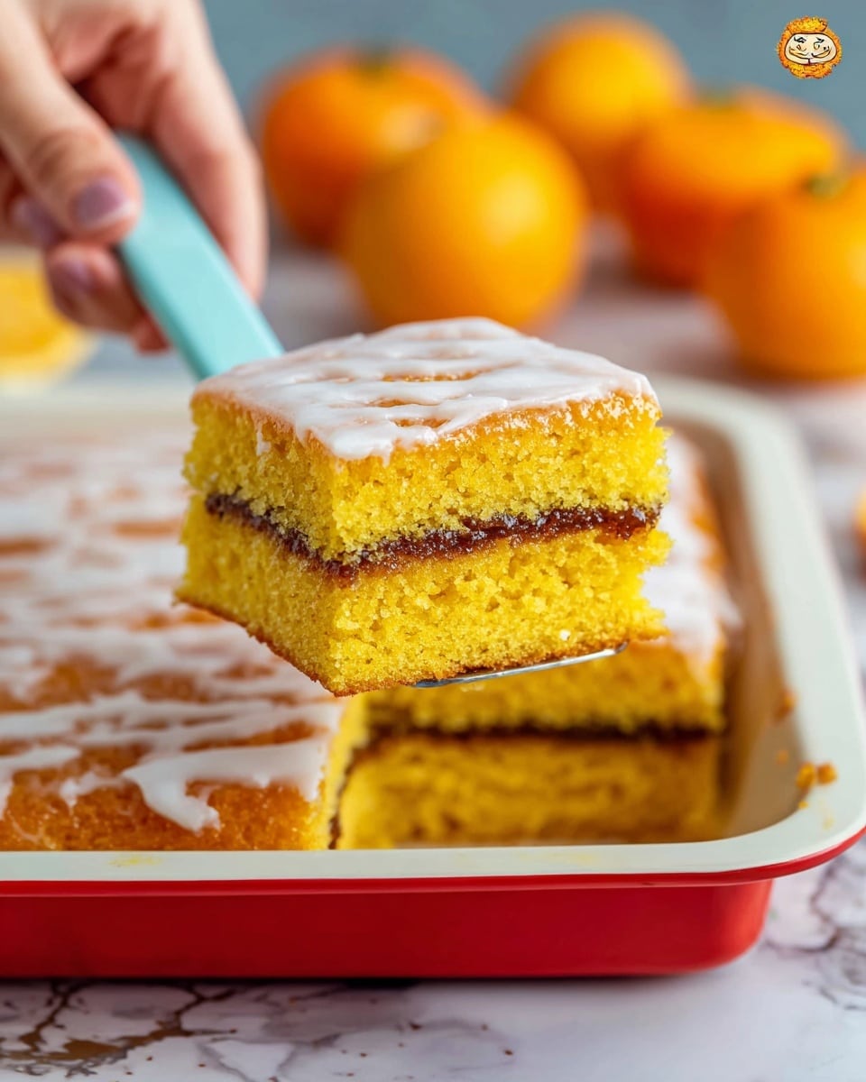 A close-up of a square piece of yellow cake with two cake layers separated by a brown cinnamon filling in the middle. The top layer is covered with a thin white glaze that looks slightly shiny and cracked. The cake sits on a white plate, with a silver fork beside it holding a forkful of cake. In the background, there is a glass of milk and parts of other pieces of cake with the same layers, all on a white marbled surface. photo taken with an iphone --ar 4:5 --v 7