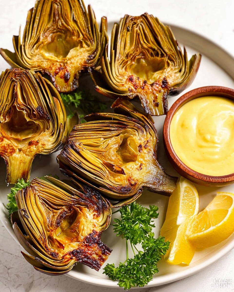 The image shows five grilled artichoke halves with a brown and golden charred outer layer, soft pale yellow and light green inner leaves, and fibrous textures near the center, arranged on a white plate with a white marbled surface underneath. To the right side of the plate is a small light brown wooden bowl filled with thick creamy yellow sauce with a smooth texture. Next to the bowl are two lemon wedges with bright yellow flesh and white ribs, accompanied by two small sprigs of fresh curly green parsley adding a hint of vibrant green to the scene. The lighting highlights the glossy, slightly oily surface of the artichokes and the creamy sauce. photo taken with an iphone --ar 4:5 --v 7
