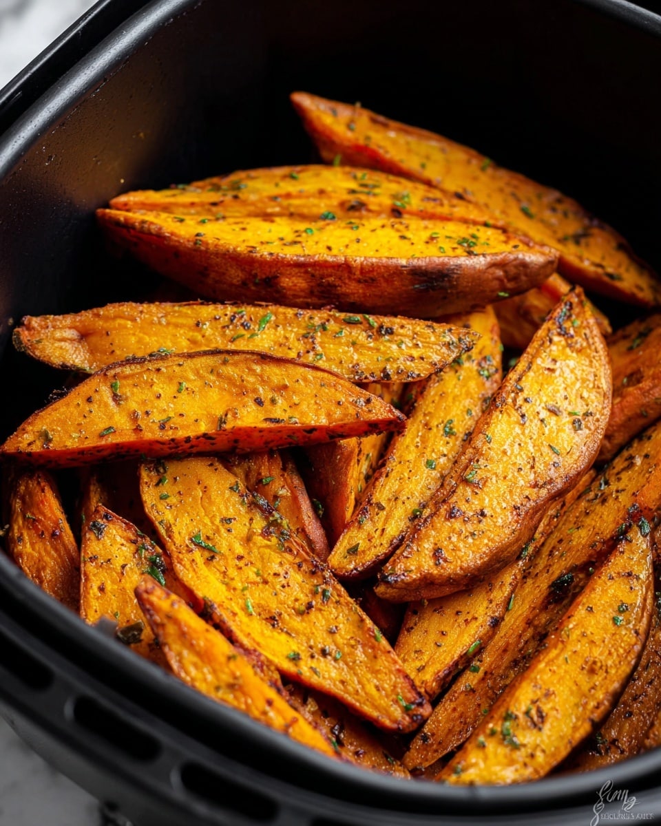 The image shows golden-brown sweet potato wedges inside a black air fryer basket. The wedges are thick-cut with a slightly crisp, caramelized texture on the edges and a soft, bright orange inside. Each wedge is coated with specks of green herbs and black seasoning, giving a speckled, seasoned look. The wedges are piled in several overlapping layers, filling the basket. The lighting highlights the shine and slight crispness on the surface of the wedges, showing their cooked texture clearly. The background is a white marbled texture. photo taken with an iphone --ar 4:5 --v 7