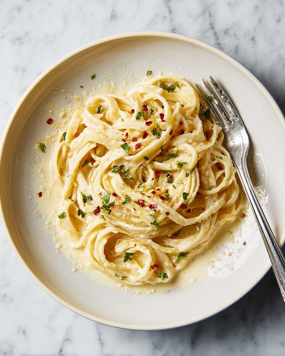 A white round plate holds a serving of creamy fettuccine pasta with a smooth, light beige sauce. The pasta strands are thick and twisted into a loose mound in the center of the plate, topped with small green herb flakes and tiny red chili flakes scattered across. A silver fork rests on the edge of the plate with some pasta twirled around its prongs. The plate sits on a white marbled surface. photo taken with an iphone --ar 4:5 --v 7