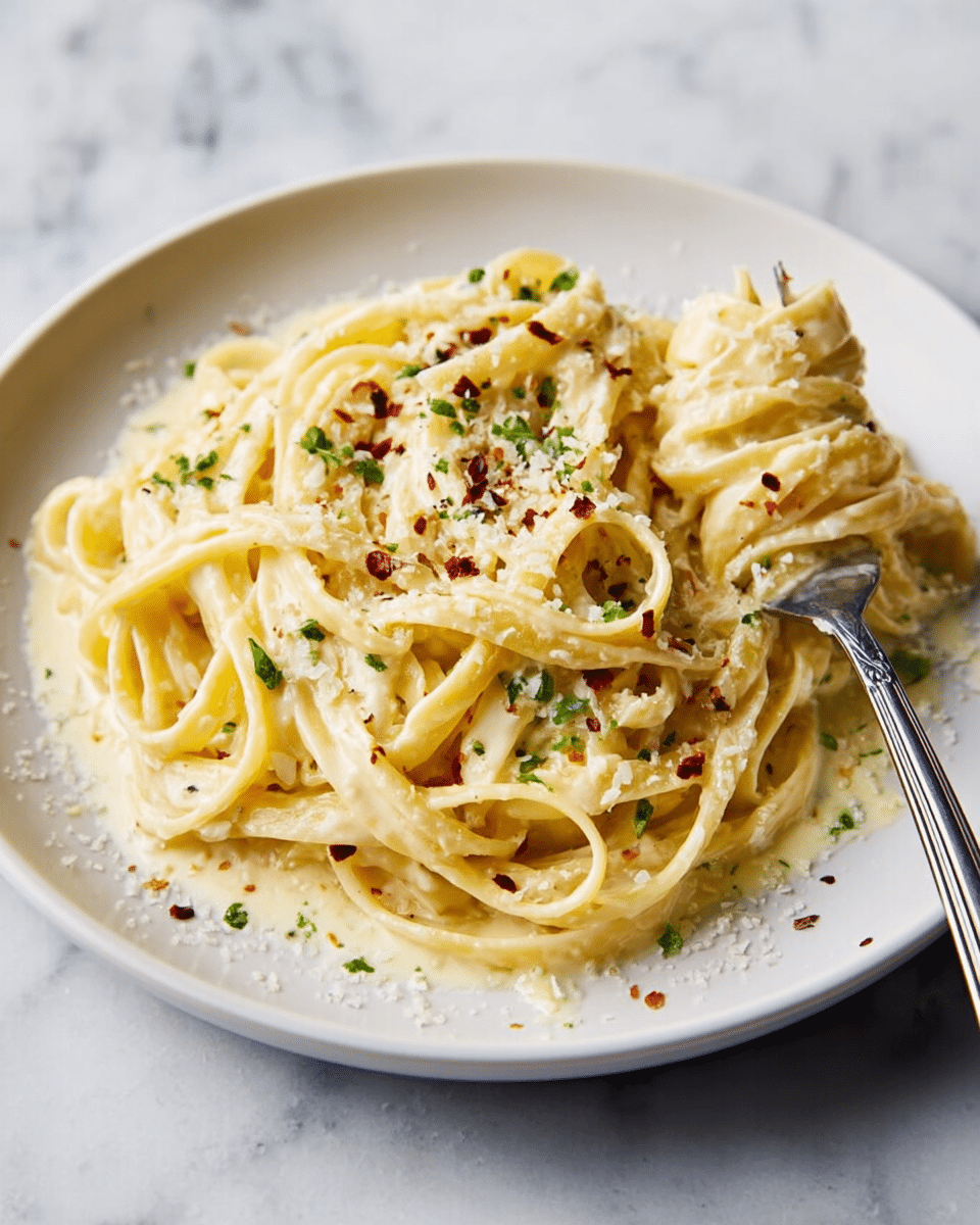A white plate holds a serving of creamy fettuccine pasta. The pasta strands are thick and coated in a smooth, pale yellow sauce. The dish is topped with small green herb pieces and sprinkled with red pepper flakes and white grated cheese. A silver fork twirls some pasta on the right side of the plate. The plate is set on a white marbled surface. photo taken with an iphone --ar 4:5 --v 7