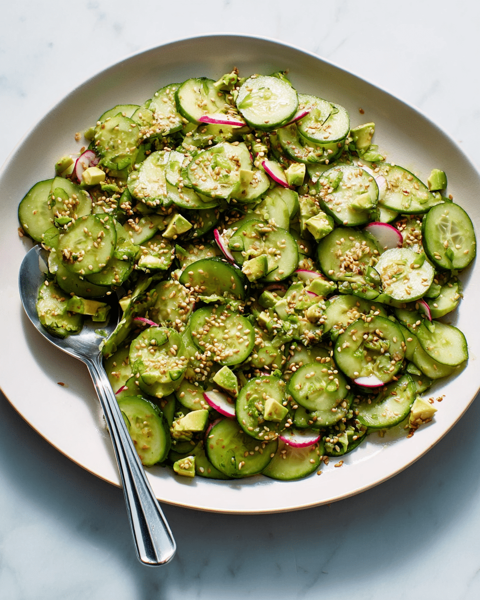 A large white oval plate holds a fresh cucumber salad layered with thin, bright green cucumber slices forming the base, mixed with small pieces of pale green avocado scattered throughout, and small, round slices of reddish-purple radish adding contrast. The salad is sprinkled with light tan sesame seeds, giving a textured look on top. A shiny silver spoon rests on the left side of the plate, partially full of the salad. The background is a white marbled surface with soft, natural light highlighting the freshness of the ingredients. photo taken with an iphone --ar 4:5 --v 7