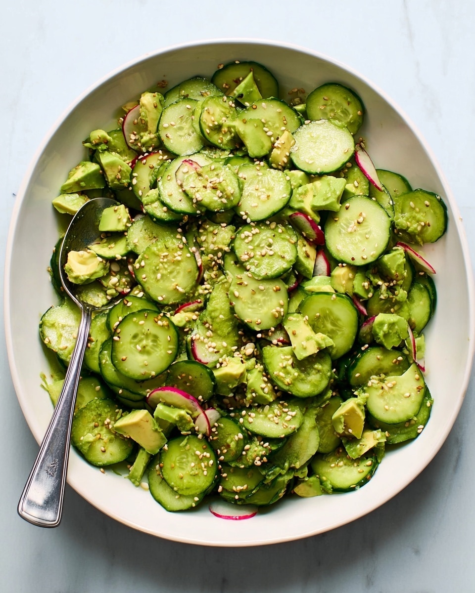 A white oval bowl filled with a fresh cucumber salad, showing many thin, round cucumber slices in bright green with a slightly darker skin edge. Mixed throughout are small pieces of light green avocado cubes and tiny slices of red radish rings, providing contrast. The salad is sprinkled with small light beige sesame seeds, adding texture on top. A shiny silver spoon rests inside the bowl on the left side, with a few cucumber slices and avocado cubes on it. The bowl sits on a white marbled surface. photo taken with an iphone --ar 4:5 --v 7