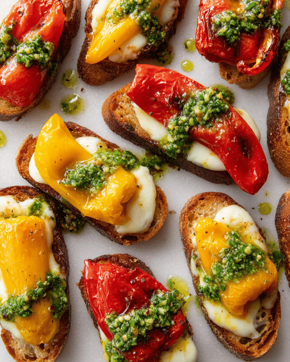 Several small toasted bread slices form the base layer, each with a dark golden brown crunchy texture. On top of each bread slice is a layer of melted white cheese, slightly bubbling and uneven in shape. The third layer shows roasted mini peppers, some bright red and some vibrant yellow, placed neatly on the cheese. Small spoonfuls of green herb pesto sauce are scattered over each roasted pepper and lightly drizzled on the white marbled surface around the toasts. The arrangement is casual, emphasizing the color contrast between the bread, cheese, peppers, and green pesto. photo taken with an iphone --ar 4:5 --v 7