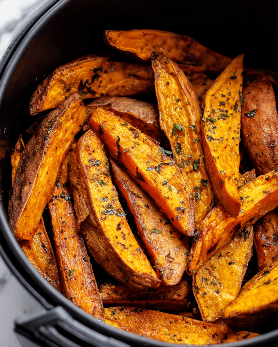 The image shows a close-up of crispy sweet potato fries inside a black air fryer basket. The fries are thickly cut into wedge shapes with a rough texture, showing golden orange skin on the outer edges and soft orange inside. They have a slightly charred look with specks of green herbs and black pepper scattered all over. The fries are layered randomly, filling the basket with some wedges overlapping each other. The photo is focused tightly on the fries with no other items visible, and the setting includes a white marbled surface in the blurred background. Photo taken with an iphone --ar 4:5 --v 7