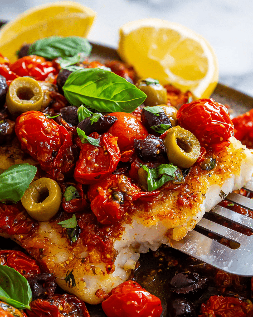 A close-up of a cooked fish fillet with a golden crispy texture on the bottom layer, topped with a mix of bright red roasted cherry tomatoes and glossy green and black olives scattered all over. Fresh green basil leaves are placed on top and around the fish, adding vibrant color and freshness. Two lemon wedges with a bright yellow color are positioned on the side on a white marbled surface. A silver spatula is lifting part of the fish, showing its flaky texture beneath the toppings. photo taken with an iphone --ar 4:5 --v 7