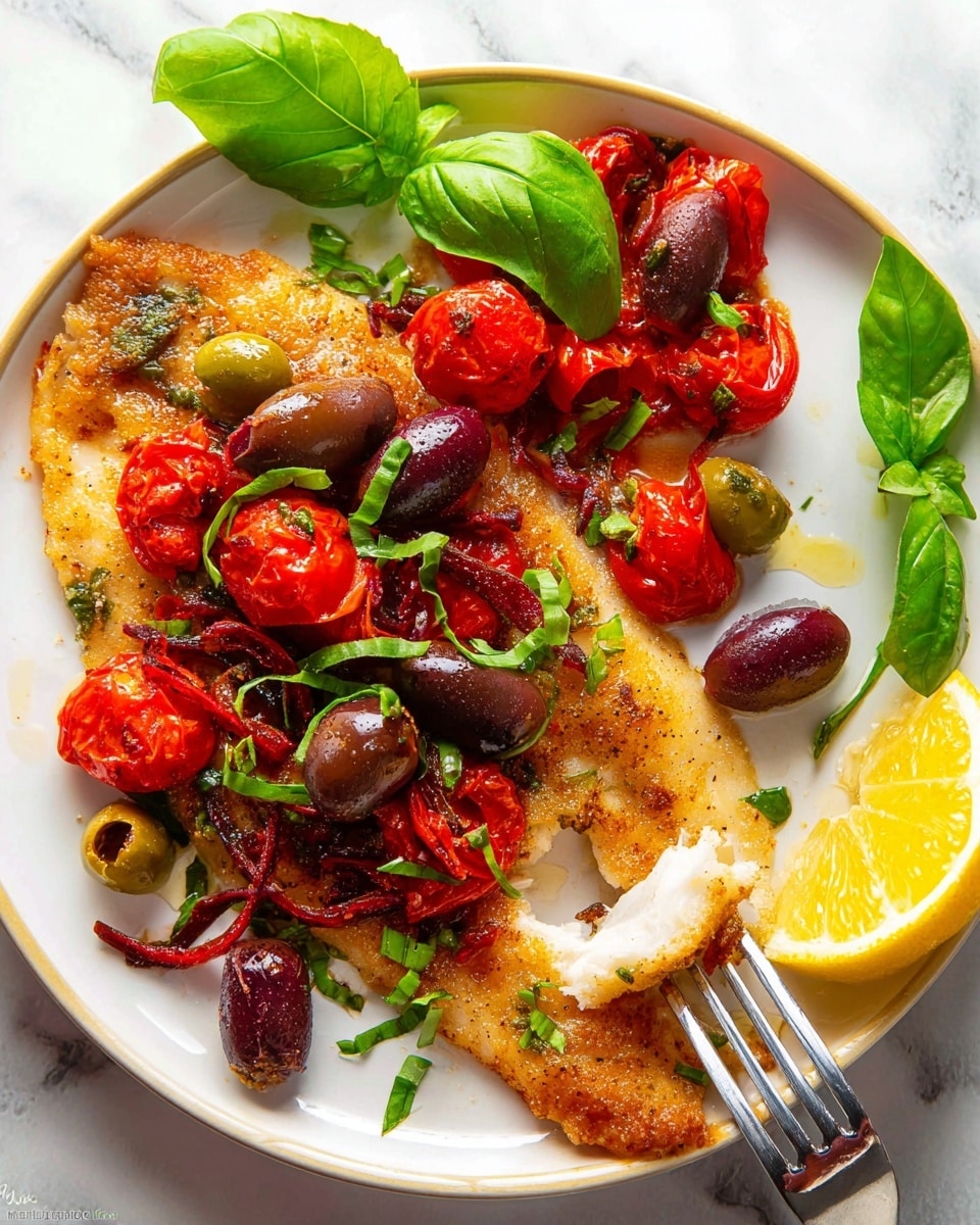 A white plate holds a golden-brown cooked fish fillet as the base layer with visible flaky white fish being cut by a fork. On top, there is a colorful mix of roasted red cherry tomatoes, dark purple olives, and green olives scattered over the fish. Thin strips of cooked red onions and fresh green basil leaves are sprinkled on the top layer. A lemon wedge rests on the side of the plate, with a few fresh basil leaves beside it on the white marbled surface. Photo taken with an iphone --ar 4:5 --v 7