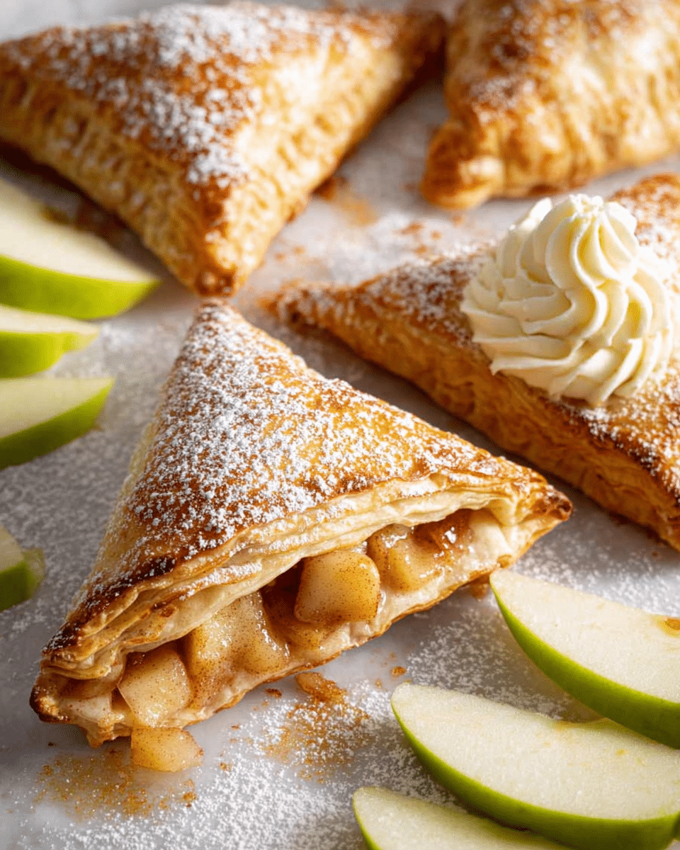 The image shows many square-shaped pastries with light golden brown, flaky crusts, dusted with white powdered sugar on a white marbled surface. One pastry is cut open, revealing a filling of small apple chunks covered in a glossy caramel sauce. Another pastry is cut and filled with a thick, white cream piped in swirled layers between two pastry pieces. Around the pastries are green apple wedges, some whole and some sliced. The scene has a cozy and fresh feel with the pastries arranged closely together. photo taken with an iphone --ar 4:5 --v 7